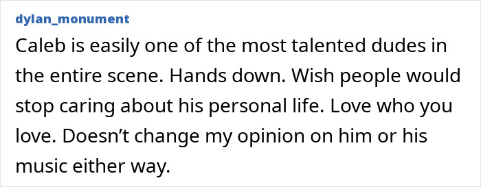 A comment praising a rock star's talent and supporting his choice to come out as gay, separate from his music.