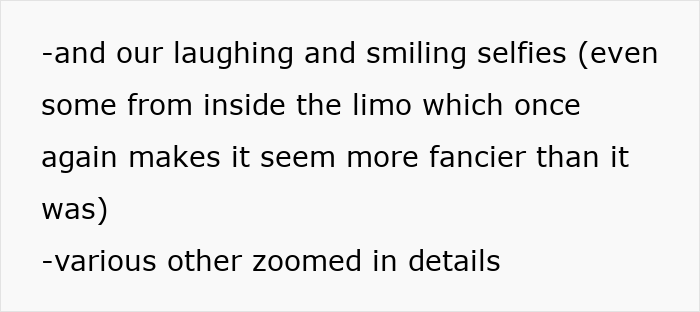 Text snippet: a bride gloating about selfies and zoomed details from her wedding, implying a fancier event. Text snippet: a bride gloating about selfies and zoomed details from her wedding, implying a fancier event.