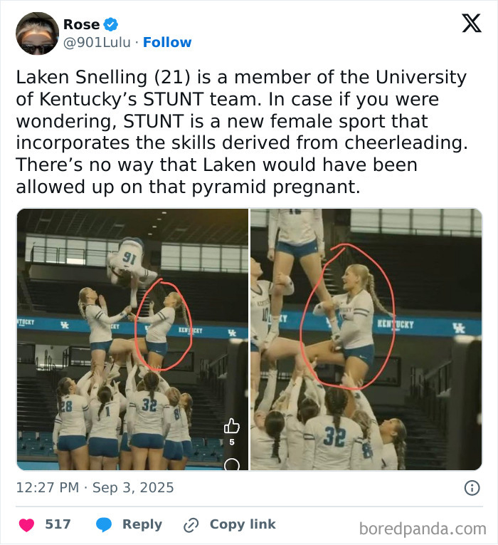 A Twitter post showing cheerleader Laken Snelling performing stunts, highlighting her involvement in the STUNT team. A Twitter post showing cheerleader Laken Snelling performing stunts, highlighting her involvement in the STUNT team.