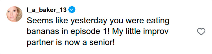 Screenshot of a comment from Leigh-Allyn Baker: My little improv partner is now a senior! for the child star from Good Luck Charlie. Screenshot of a comment from Leigh-Allyn Baker: My little improv partner is now a senior! for the child star from Good Luck Charlie.