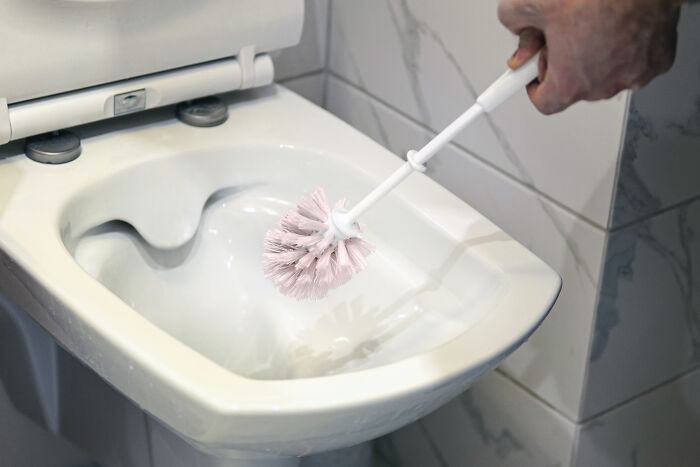 A hand cleaning a toilet with a brush, symbolizing hygiene-related unhinged house rules.