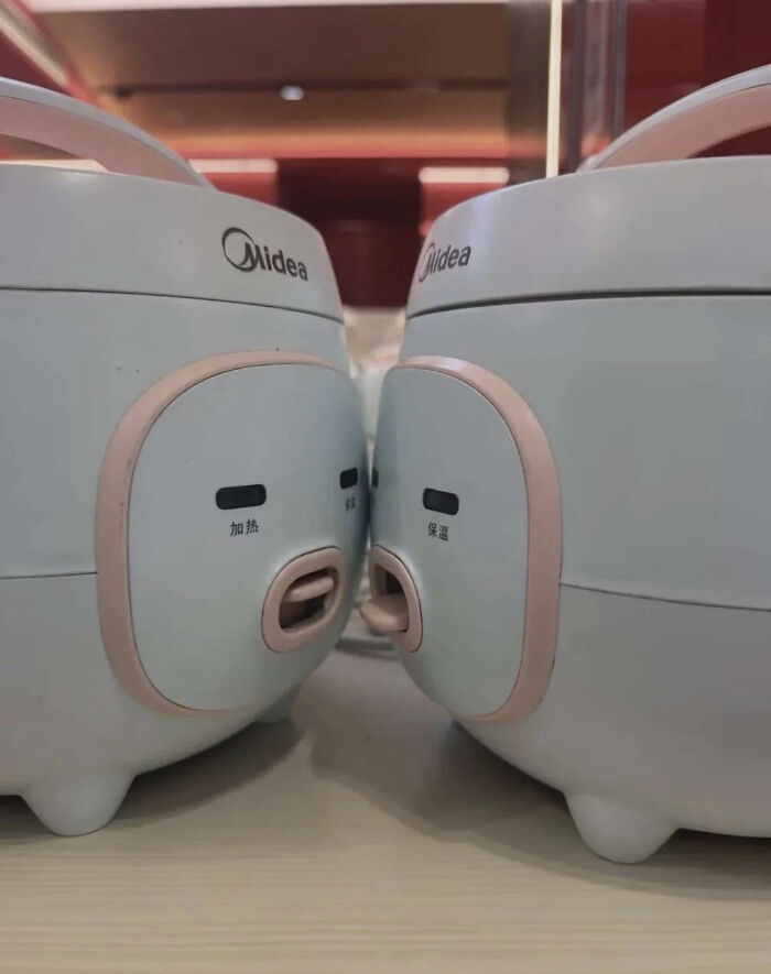 Two rice cookers, side by side, appear to be kissing, their controls resembling faces, a pic that makes you say hmmm.