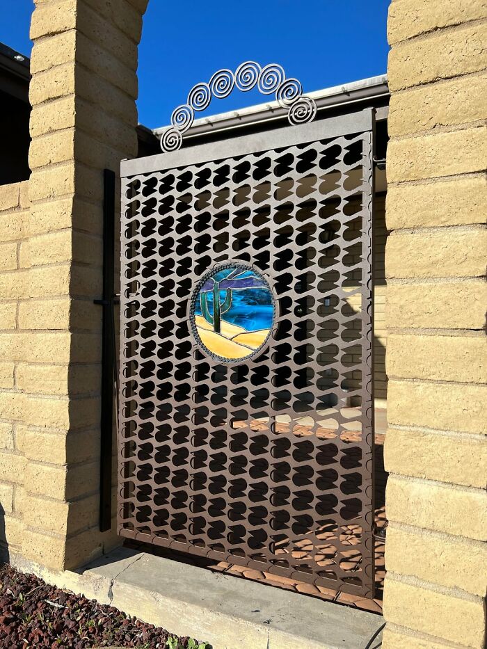 Cnc Leftover Used As Man Gate With Stained Glass Medallion