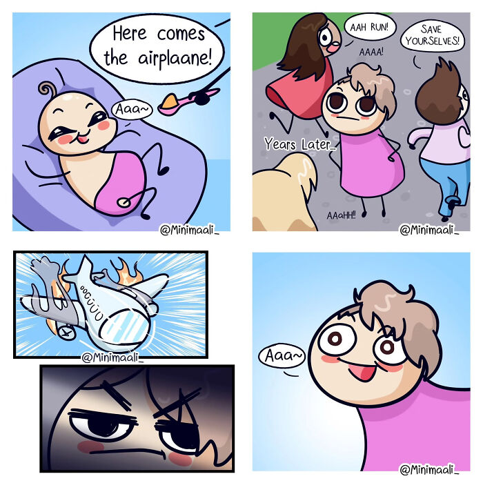 A Minimaali comic showing a baby being fed an airplane, then years later people running from an airplane.