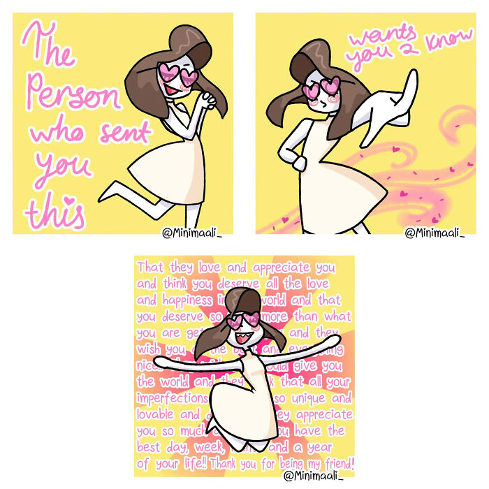 A Minimaali comic showing a happy character in love, expressing deep appreciation and love for a friend.
