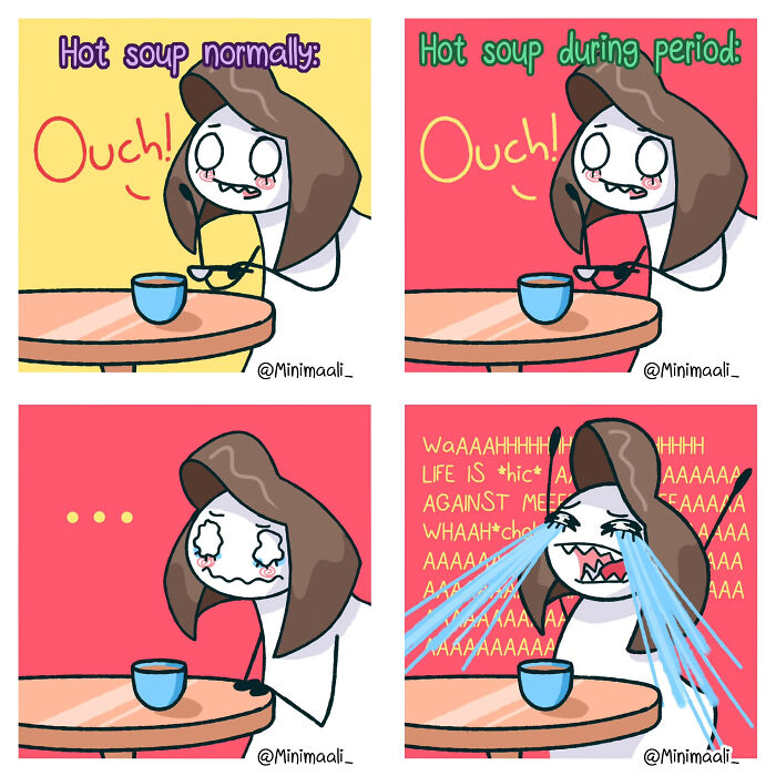 A Minimaali comic illustrating the absurd difference in reactions to hot soup, especially during a period.