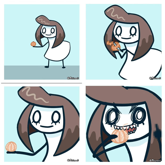 A comic about everyday life and anxiety, illustrating a woman's transformation as she menacingly eats a small pumpkin.