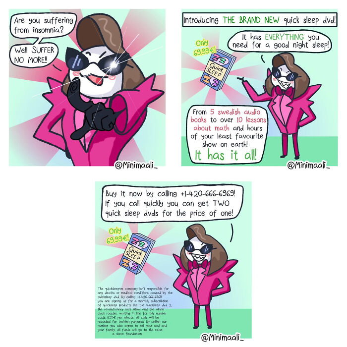 A comic about everyday life and anxiety, featuring a character humorously advertising a quick sleep DVD for insomnia.