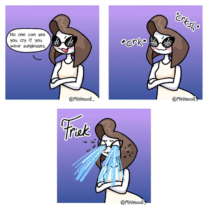 A funny comic about relationships and anxiety, showing a woman wearing sunglasses to hide her tears, which then pour through them.