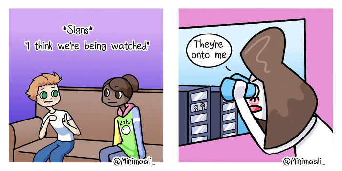 A comic about relationships and anxiety, depicting two people on a couch and a woman peeking out a window, feeling watched.