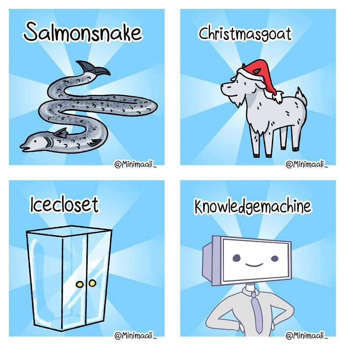 Minimaali comic showcasing the absurd side of life with creative animal and object combinations.