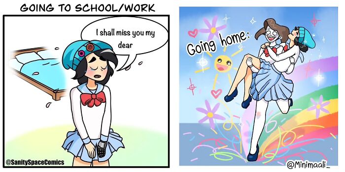 A split comic by Minimaali showing the absurdity of relationships: a sad woman going to school/work, then happy going home.