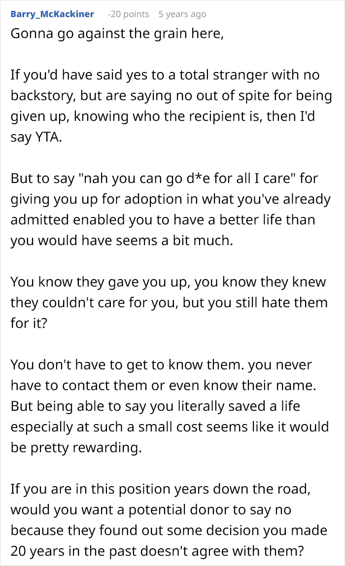 A Reddit comment suggesting that an adopted teen refusing to help birth parents is spiteful. A Reddit comment suggesting that an adopted teen refusing to help birth parents is spiteful.