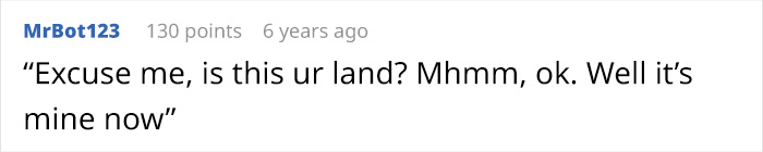 A Reddit comment humorously stating a sense of ownership over the neighbor's yard due to trespassing kids. A Reddit comment humorously stating a sense of ownership over the neighbor's yard due to trespassing kids.