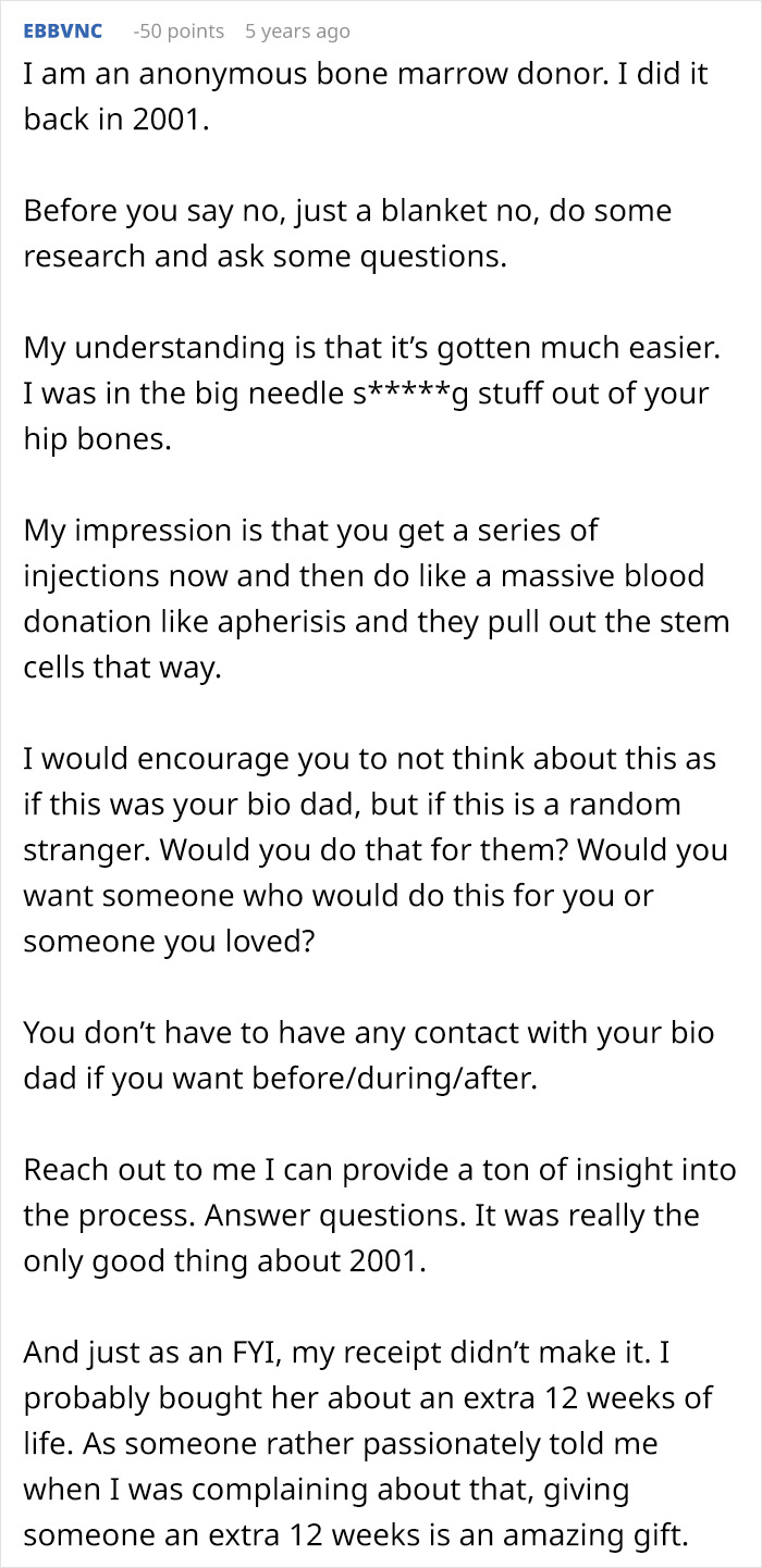 A Reddit comment from an anonymous bone marrow donor discussing the process for adopted teens. A Reddit comment from an anonymous bone marrow donor discussing the process for adopted teens.
