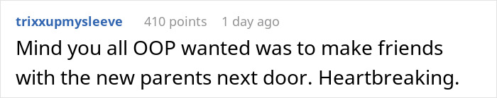 A comment on a horrible miscommunication, emphasizing the original poster's desire to make friends with new parents, calling it heartbreaking.