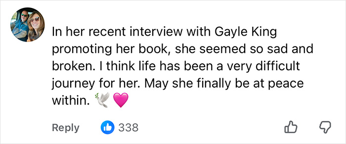 A comment referencing Hayden Panettiere's interview with Gayle King, noting her sadness and hoping for peace. A comment referencing Hayden Panettiere's interview with Gayle King, noting her sadness and hoping for peace.