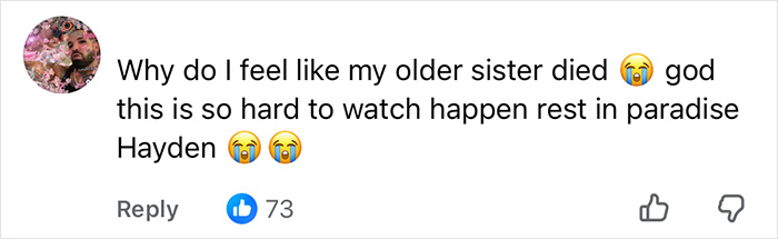 A social media comment expressing sadness over Hayden Panettiere's passing. A social media comment expressing sadness over Hayden Panettiere's passing.