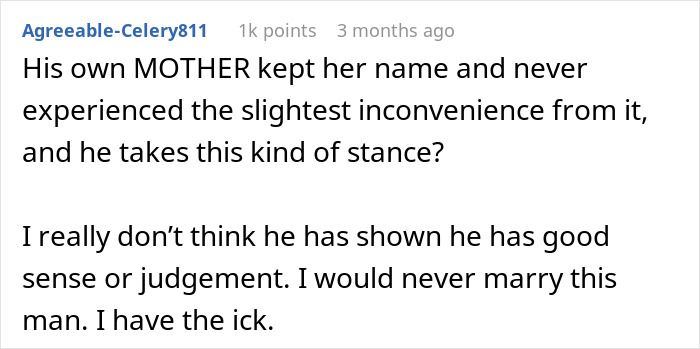 A hilariously awkward comment questioning a man's judgment for his stance on last names, given his mother's different last name. A hilariously awkward comment questioning a man's judgment for his stance on last names, given his mother's different last name.