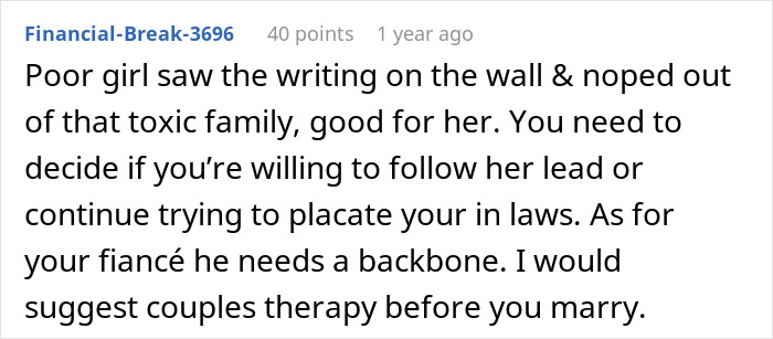 A screenshot of a Reddit comment on a wedding dispute, advising therapy for in-laws and toxic family issues. A screenshot of a Reddit comment on a wedding dispute, advising therapy for in-laws and toxic family issues.