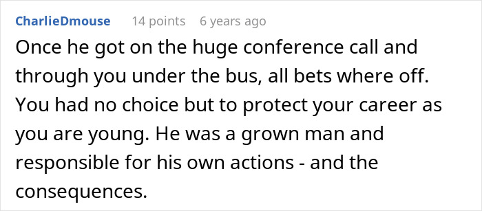 A screenshot of a Reddit comment about workplace bully stealing credit, advising protection of career. A screenshot of a Reddit comment about workplace bully stealing credit, advising protection of career.