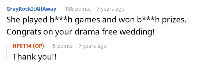 Screenshot of an online comment: Congrats on your drama free wedding! Screenshot of an online comment: Congrats on your drama free wedding!
