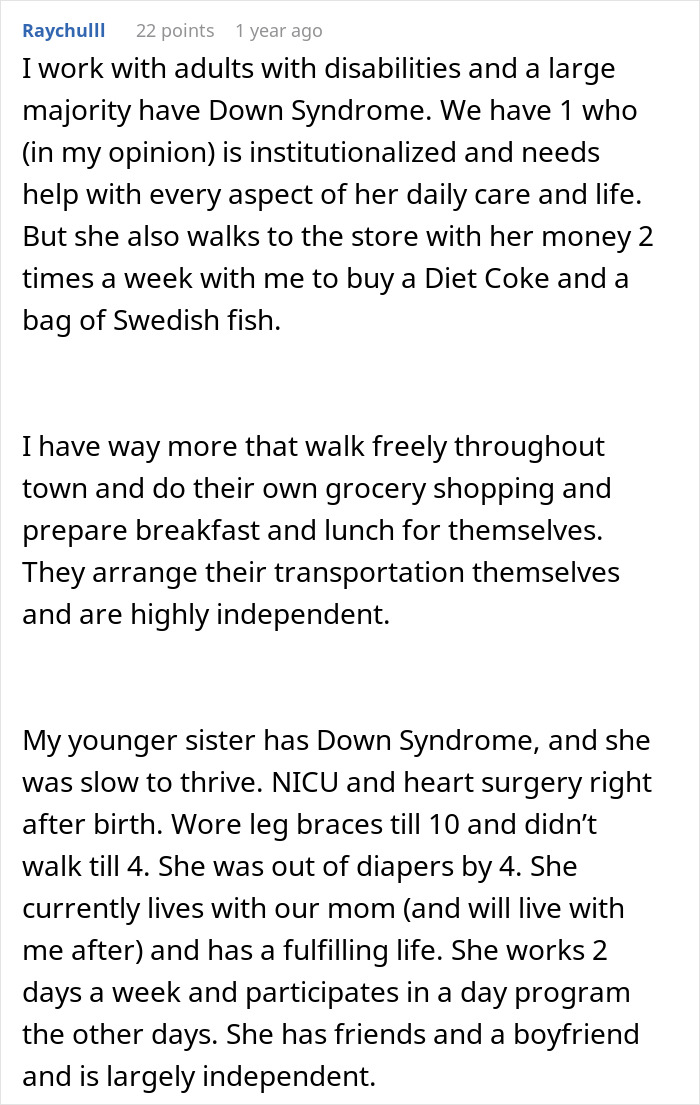 A Reddit comment from a person working with and having a sister with Down syndrome, highlighting independence.