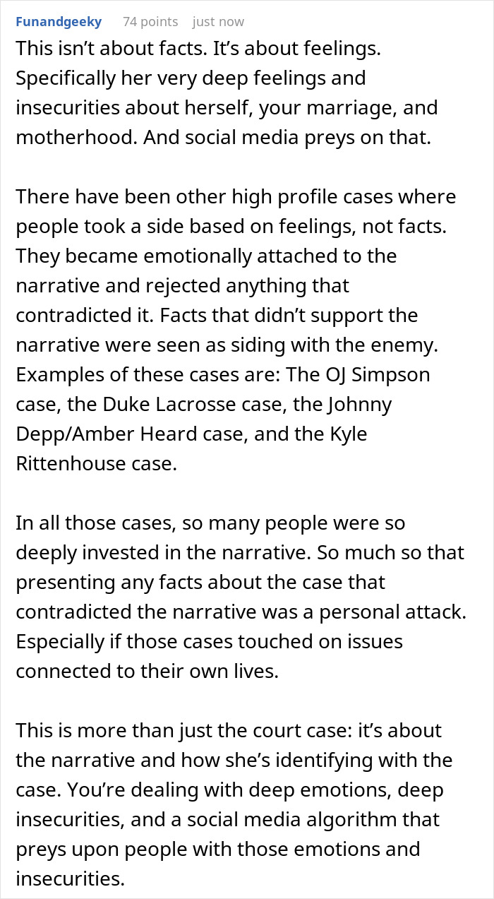 A comment discussing feelings vs. facts in criminal trials, mentioning high-profile cases like OJ Simpson and Johnny Depp.