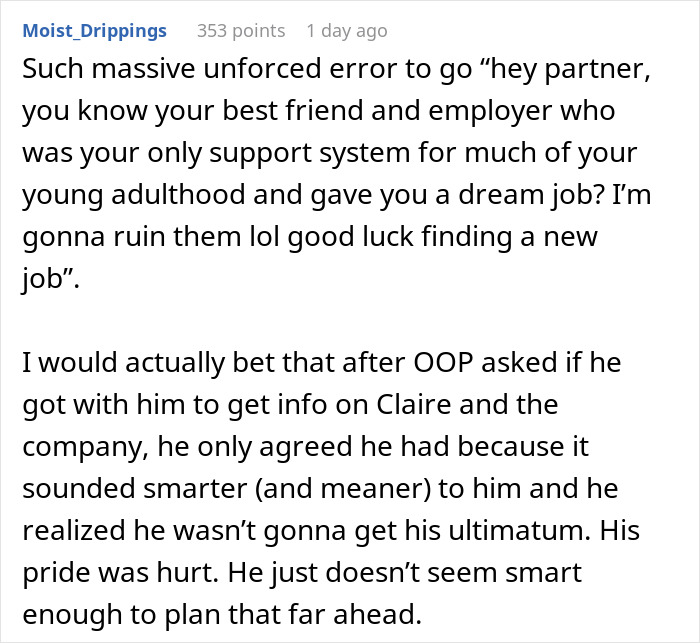 A comment criticizing the guy's conniving BF for attempting to ruin his best friend and employer, revealing dark secrets. A comment criticizing the guy's conniving BF for attempting to ruin his best friend and employer, revealing dark secrets.