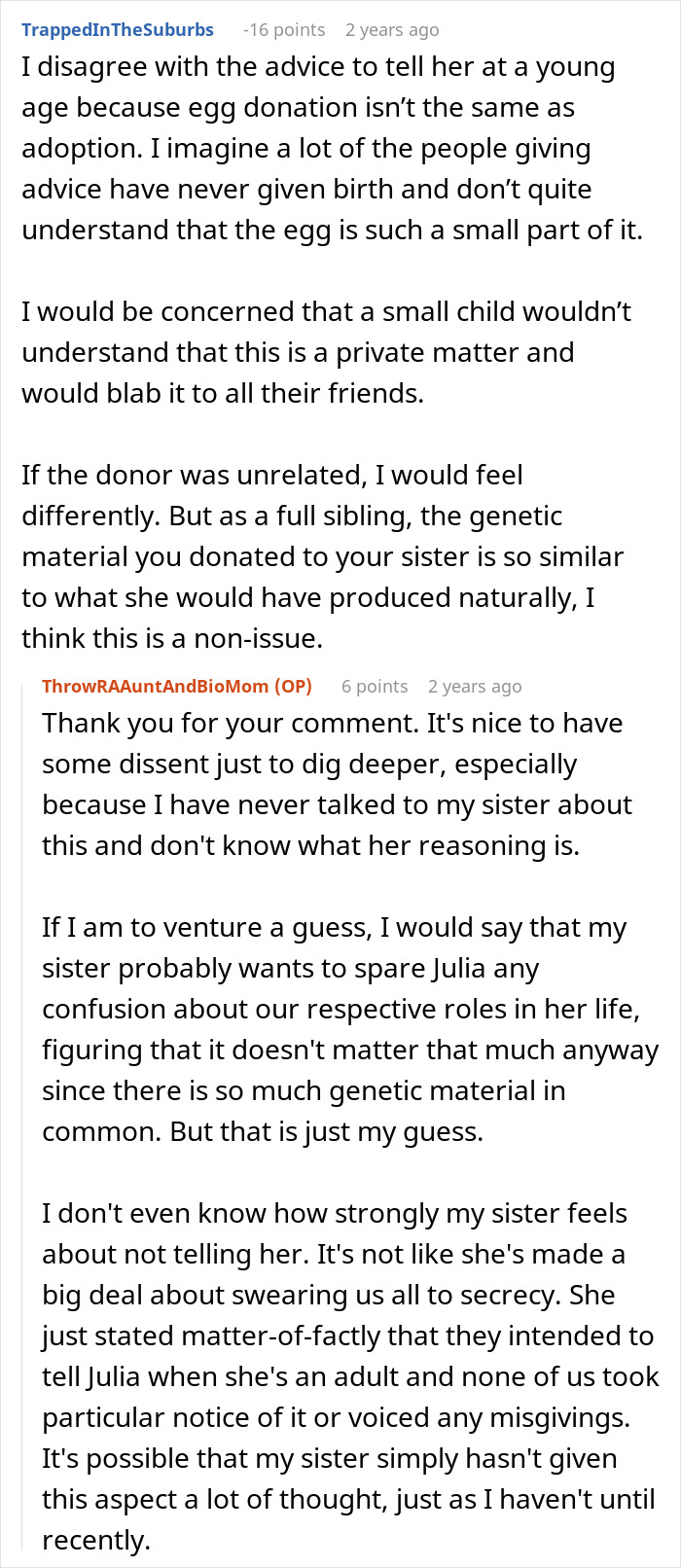 A Reddit comment discussing why a sister wants to keep the truth secret for 18 years about her baby. A Reddit comment discussing why a sister wants to keep the truth secret for 18 years about her baby.