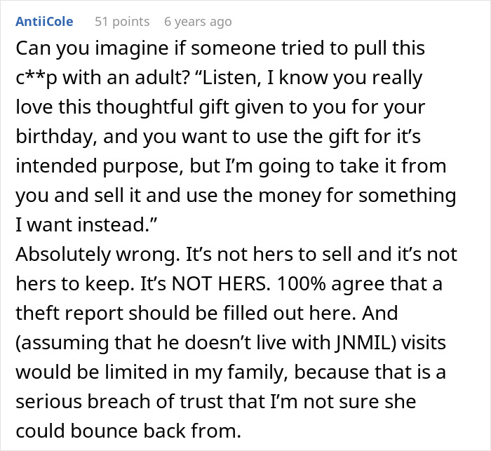 A comment on a social media post discussing a grandma buying love with gifts for her stepson.