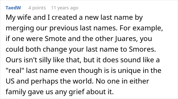 A comment about a couple creating a new last name by merging their previous last names, an awkward situation. A comment about a couple creating a new last name by merging their previous last names, an awkward situation.