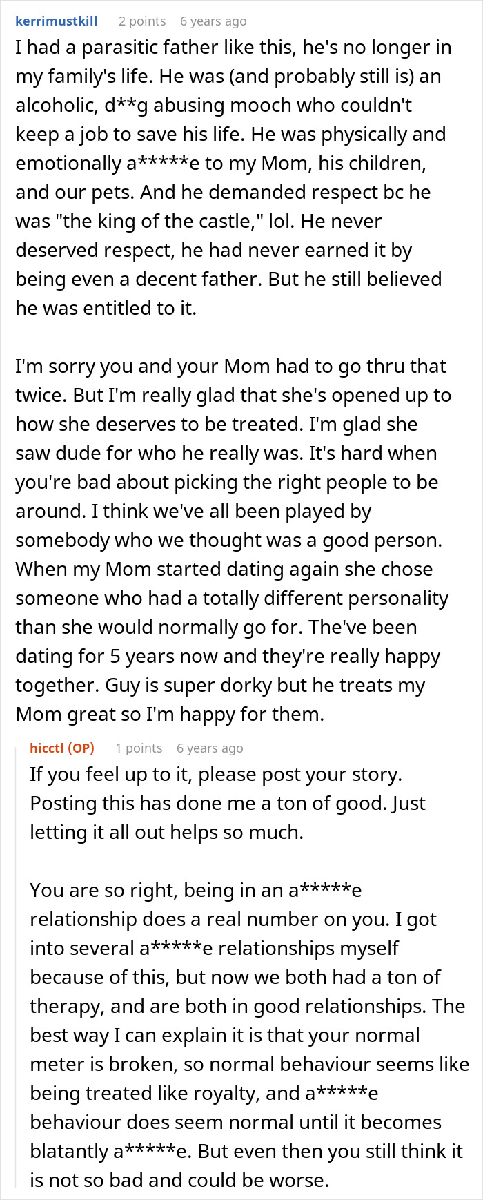 Screenshot of a long comment comparing a new bf to a parasitic father and supporting the son and mom. Screenshot of a long comment comparing a new bf to a parasitic father and supporting the son and mom.