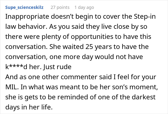 A Reddit comment criticizing the woman for waiting 25 years to apologize for stealing a husband at a bad time. A Reddit comment criticizing the woman for waiting 25 years to apologize for stealing a husband at a bad time.