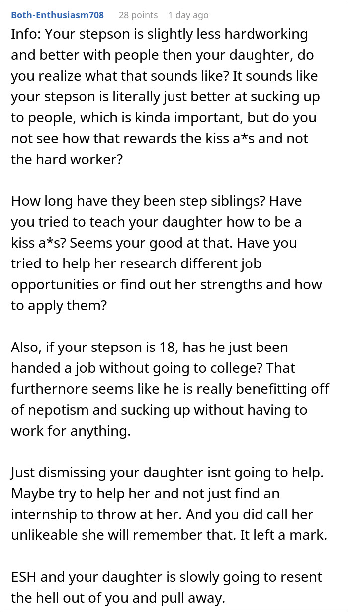 A detailed comment questioning the dad's actions and outcomes after getting kids internships. A detailed comment questioning the dad's actions and outcomes after getting kids internships.