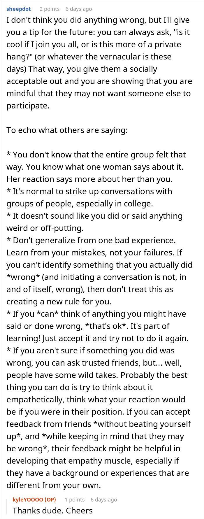 A Reddit comment offering advice on how to join a group of female classmates without feeling intrusive and avoiding miscommunication. A Reddit comment offering advice on how to join a group of female classmates without feeling intrusive and avoiding miscommunication.