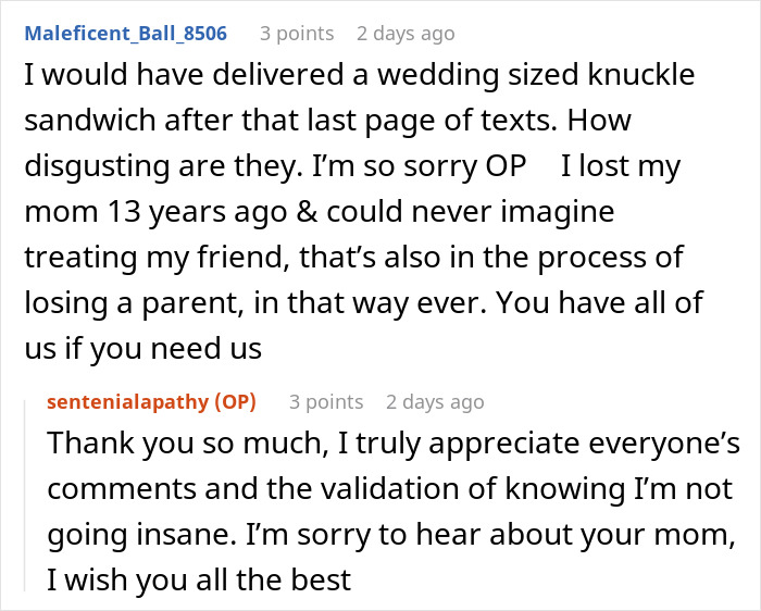 A screenshot displaying comments on a bachelorette date dispute, offering support after a friendship ends with hurtful messages. A screenshot displaying comments on a bachelorette date dispute, offering support after a friendship ends with hurtful messages.