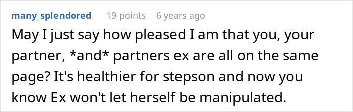 A comment praising a healthy family dynamic after a grandma accused someone of buying stepson's love, highlighting non-manipulation.