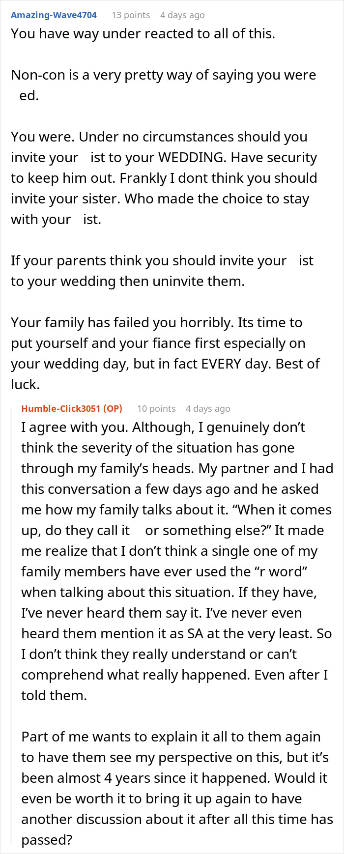 A Reddit comment section about a woman's family protecting her toxic BIL, impacting her wedding. A Reddit comment section about a woman's family protecting her toxic BIL, impacting her wedding.