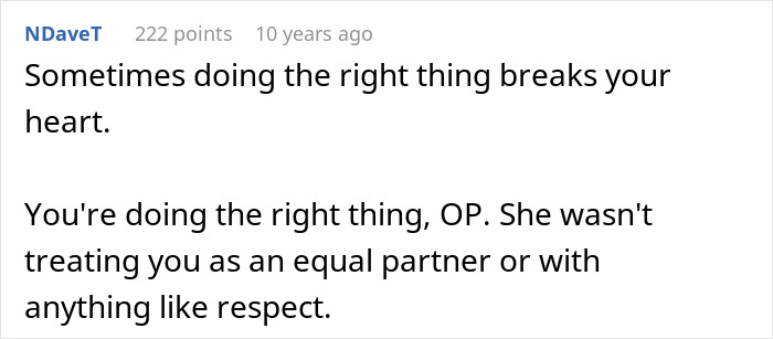 A screenshot showing a comment from NDaveT, stating that doing the right thing for kid's education and wardrobe rights can be heartbreaking.