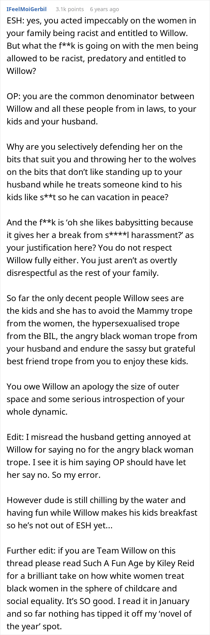 A screenshot of a Reddit comment about a woman's best friend on family vacation and in-laws tantrum. A screenshot of a Reddit comment about a woman's best friend on family vacation and in-laws tantrum.
