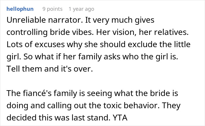 A Reddit comment about a wedding dispute, discussing a controlling bride and toxic family behavior. A Reddit comment about a wedding dispute, discussing a controlling bride and toxic family behavior.