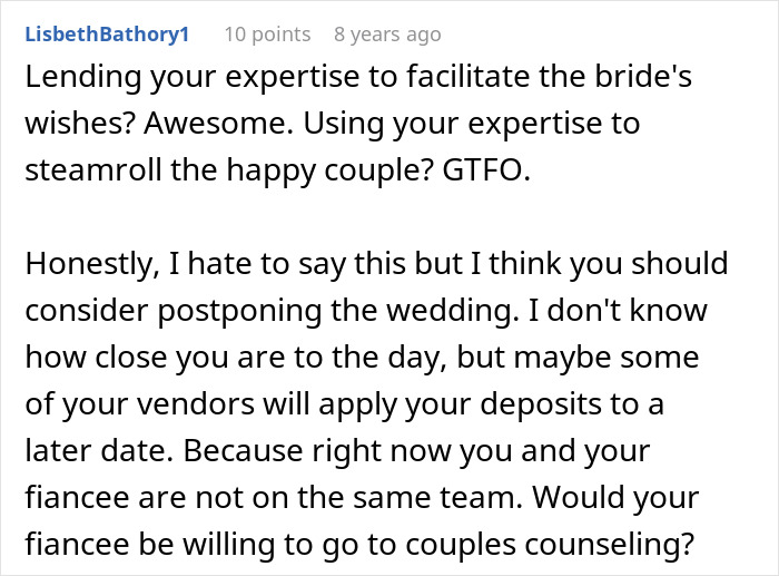 A comment advising a furious bride to postpone her wedding and consider counseling due to her problematic fiancée. A comment advising a furious bride to postpone her wedding and consider counseling due to her problematic fiancée.