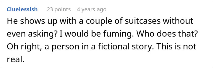 Cluelessish expresses disbelief that a man shows up with suitcases without asking, in a fictional story of spouses sleeping together. Cluelessish expresses disbelief that a man shows up with suitcases without asking, in a fictional story of spouses sleeping together.