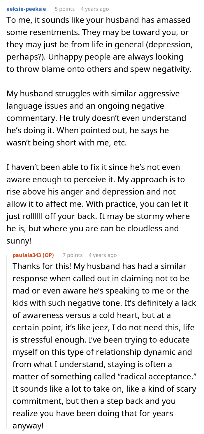 A screenshot of a comment about a wife on edge due to her hubby's questions and his dismissive response. A screenshot of a comment about a wife on edge due to her hubby's questions and his dismissive response.