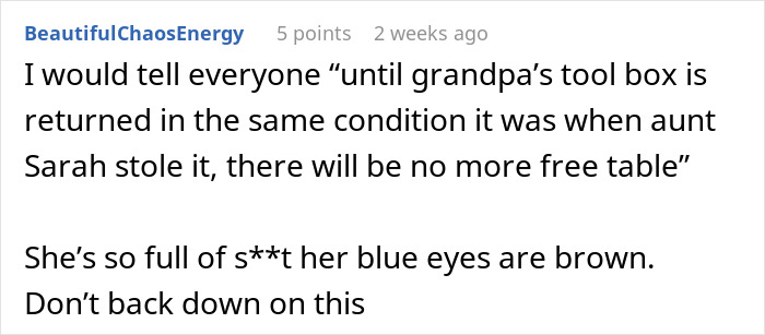A comment suggesting to tell everyone there will be no more family free table until the stolen toolbox is returned.