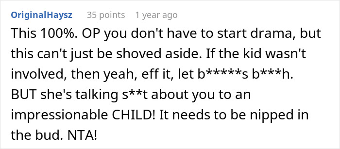 A comment supporting a babysitter who faced bullying from an aunt in her own language, emphasizing a harsh reality check.
