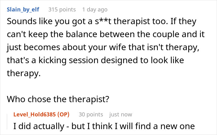 Comment thread discussing therapy for marriage issues and considering finding a new therapist.