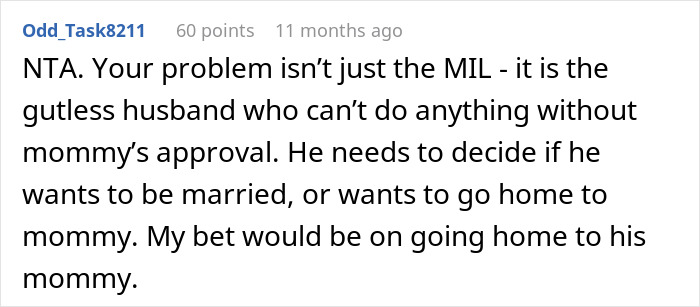 A comment advising a woman to end her marriage because her husband is controlled by his mom. A comment advising a woman to end her marriage because her husband is controlled by his mom.