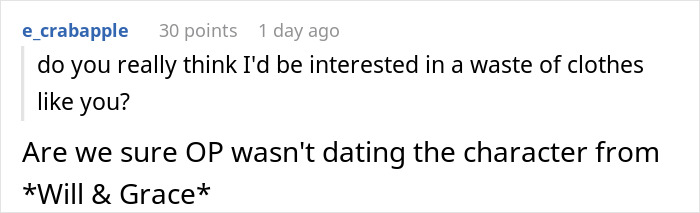 A comment about the conniving BF and the unraveling relationship, referencing a TV character. A comment about the conniving BF and the unraveling relationship, referencing a TV character.